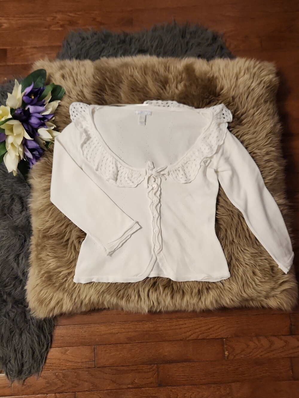 Mango White Crochet Ruffle-Trim Long Sleeve Pointelle Cardigan